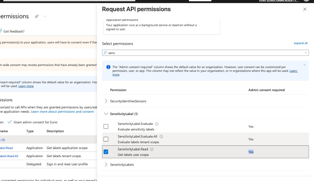 Request API permissions: select Application permissions and add SensitivityLabel.Read