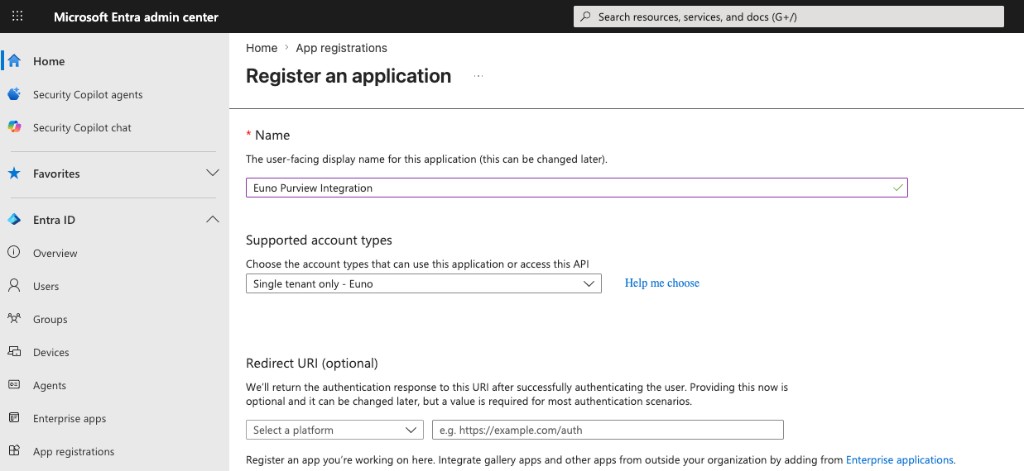 Register an application: choose Single tenant only and leave Redirect URI empty